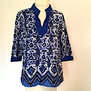 Covington 3/4 sleeved blue and white woven cotton tunic